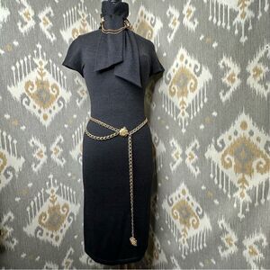 Ralph Lauren ~ Charcoal Cashmere Silk Bow Neck Pinpoint Knit Jersey Sheath Dress